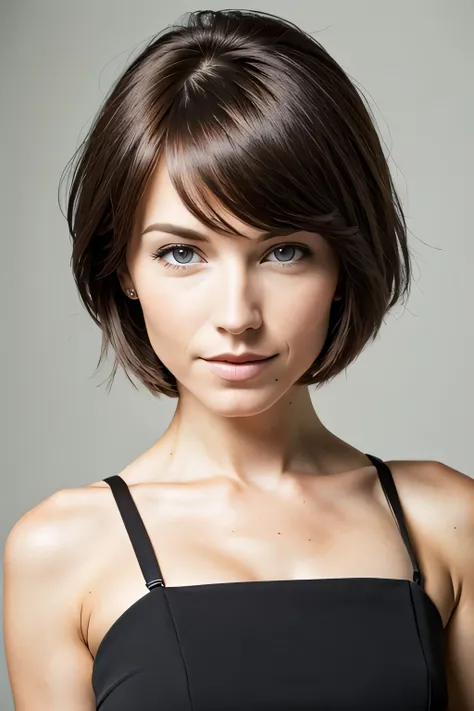 a woman with a short brown hair and a black top