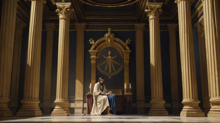 "Create a realistic scene of Pilate interrogating Jesus: Pilate sits on an ornate throne inside a Roman palace, surrounded by guards and counselors. He watches Jesus, who stands before him, wearing a simple robe and with his hands tied. Pilates face shows ...