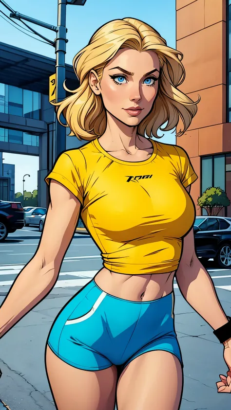 woman thin, pans jogger, blondy hair, blue eyes, Yellow top. Comic style