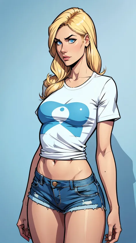 woman thin, blue pans shorts. White t-shirt, blondy hair, blue eyes. Comic style