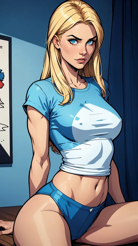 woman thin, blue pans short. White t-shirt. blondy long hair, blue eyes, Blue low-cut t-shirt. Comic style. 