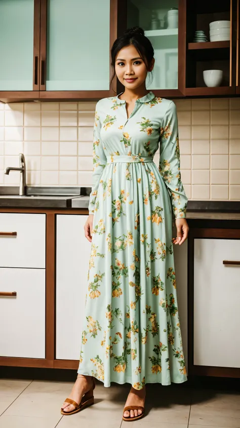 full body, Realistic, wide shot, Photography, Indonesian women, Housewife, 22 years, high bun hair, slim body, fair skin, cute face, Long sleeve floral maxi dress, and sandals, standing in the kitchen, facing the camera, stand up straight, graceful pose, s...