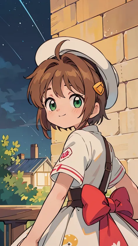 Highest quality,Ultra HD,(Details),(masterpiece),(best quality),(Light Layer),Aesthetics,Textured Skin,1girl,Q version,little girl,(Sakura Kinomoto),Short brown hair,Green eyes,Happy smile,Lolita short sleeve dress,hat,Meteors streak across the sky at nigh...