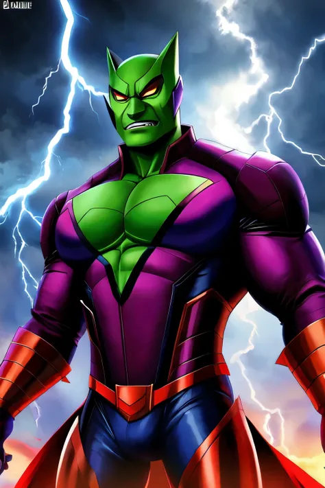 Tornado man with lightning in his chest, Marvel villain style 