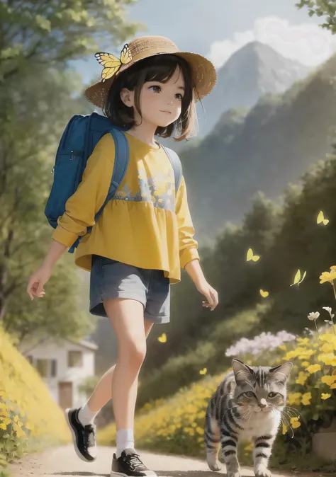 An incredibly charming man carrying a backpack, accompanied by her adorable kitten, enjoying a beautiful spring walk surrounded by beautiful yellow flowers and natural scenery. The illustration is in high definition with 4k resolution, with highly detailed...