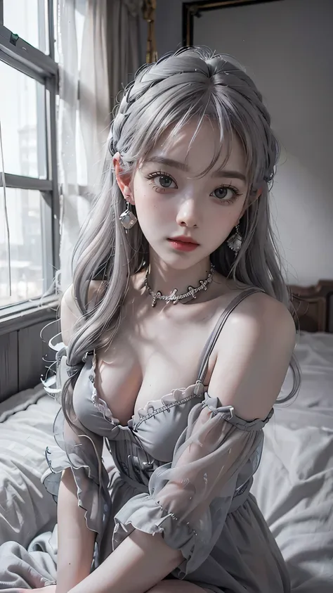 (Realistic painting style:0.9), masterpiece, best quality,  absurdres, looking at viewer, solo, (grey babydol:1.5),  bronya zaychik, red pupils, large breasts, long hair, grey hair, bangs, grey eyes, earrings, drill hair, hair between eyes, hair ornament, ...