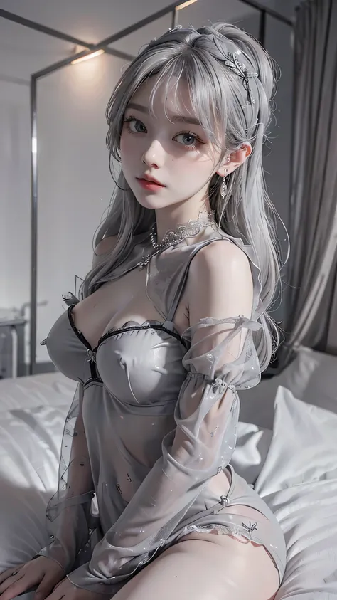 (Realistic painting style:0.9), masterpiece, best quality,  absurdres, looking at viewer, solo, (grey babydol:1.5),  bronya zaychik, red pupils, large breasts, long hair, grey hair, bangs, grey eyes, earrings, drill hair, hair between eyes, hair ornament, ...