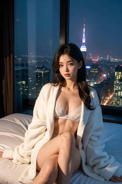 ((best quality)), ((masterpiece)), (detailed), 1girl, sexly,Navy blue underwear、White bathrobe、Large windows、Night view of skyscrapers