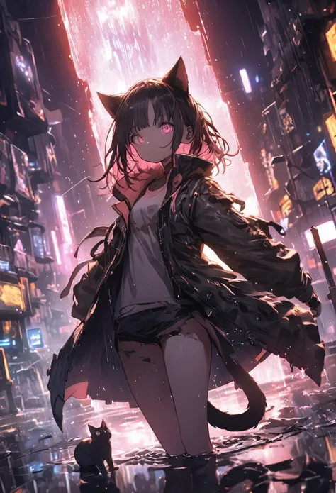 Detailed silhouette of a cyberpunk girl with cat ears and a tail, Flowing, Tattered coat, He has a giant buster sword with a mechanical cat design on it.., Stand on the glossy, Minimalist Reflective Surface, Depth, Dynamic Angle、Particles that glow through...