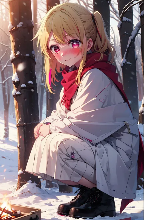 rubyhoshino, Hoshino Ruby, Long Hair, bangs, blonde, (Pink Eyes:1.3), Side Lock, (Symbol-shaped pupil:1.5), Multicolored Hair, Two-tone hair, smile,,smile,blush,White Breath,
Open your mouth,snow,Ground bonfire, Outdoor, boots, snowing, From the side, wood...