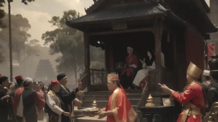 photo of a man in a red robe is handing a woman a plate, palatial scene, old photo, old picture, hdr, hdr photo, hdr photography, hdr shot, celebrating a king being crowned, indonesia, ancient majapahit empire, people are celebrating arrival of the king, d...