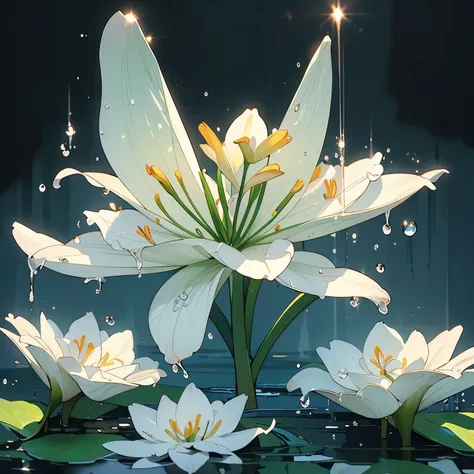 the way、Close-up of a puddle、White lilies are blooming、Detailed Flowers、perfect flower、(((Water Drop)))、(((Morning light)))、Dazzling Light、Water is dripping、Backlight、(((Strong light)))、highlight、(((Perfect butterfly)))、(((Detailed butterfly)))、Top Quality...