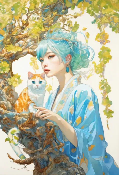 artwork:Katsuya Terada
8k, High resolution, A complex and intricate masterpiece, (Summer vacation:1.4), (Cat and girl:1.1), transparent, Sparkling blue eyes, Calico cat with light green eyes, Medium Shot, Blue Hair, Organic Shapes, Hard Edge, Anatomically ...