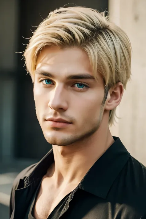 A man in his twenties with blond hair bluish green siren eyes normal lips and nose with black shirt