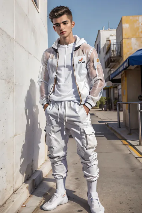 full body shot of a young spanish male standing wearing white socks，white skin，hands in pants pockets，wearing only white socks，t...