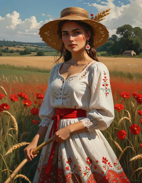 A painting of a woman holding a scythe in a field, by Slawomir Maniak, bohemian style, drawn in the style of mark arian, render of a delicate white muslin blouse with ornate lace embroidery, ::a vibrant red embroidered folkloric skirt blooms with intricate...
