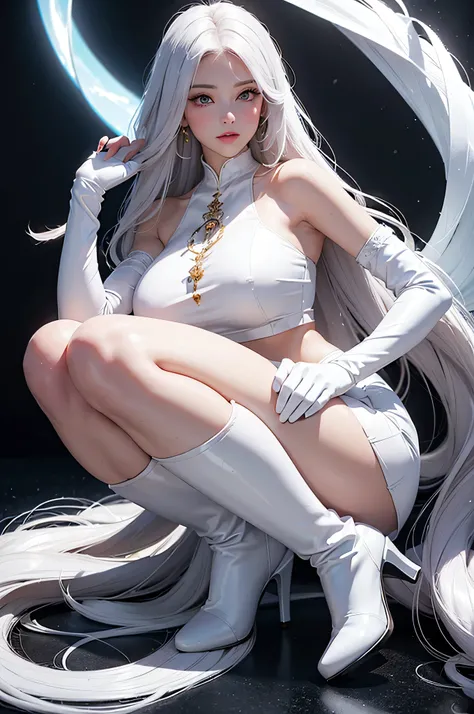 Full body, beatiful eyes, blush, cute face,  (1 cute woman, solo: 1.1), very big breasts, long white hair, shiny white crop top, shiny white skirt, shiny white gloves, shiny white heel boots