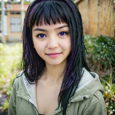 Portrait of a girl, wearing a hoodie, purple eyes, Hinata Hyuuga, (highly detailed face:1.4) (smile:0.7) (background inside dark, moody, private study:1.3) POV, by lee jeffries, nikon d850, film stock photograph ,4 kodak portra 400 ,camera f1.6 lens ,rich ...