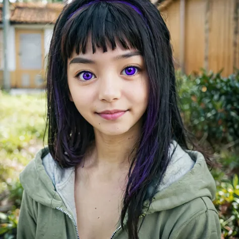 Portrait of a girl, wearing a hoodie, purple eyes, Hinata Hyuuga, (highly detailed face:1.4) (smile:0.7) (background inside dark, moody, private study:1.3) POV, by lee jeffries, nikon d850, film stock photograph ,4 kodak portra 400 ,camera f1.6 lens ,rich ...