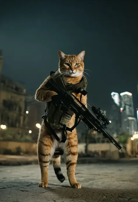 it stands on its hind legs,((a fierce cat animal holding a rifle in his hands)). breathtaking shot,movie action still frame,cine...