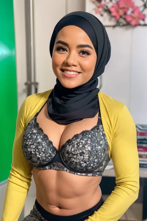 (half body portrait), smile (stylish hijab) a lady girl bodybuilder, (lace bra yellow hijab) a 69-year-old aunty naked while tea...