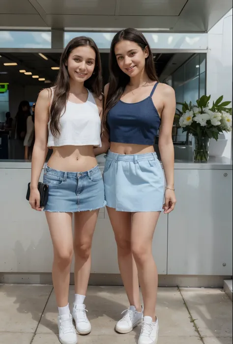 smiling 35 years old woman and her 14 years old daughter on a hot summer day, long dark hair, dark eyes, the mother wearing a very short dark blue denim mini skirt and a white crop top, white sneakers, the daughter wearing a white short summer dress, both ...