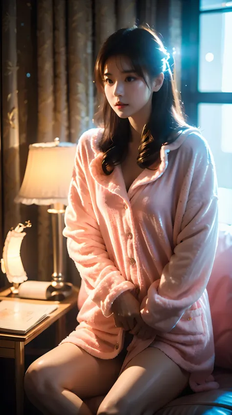 Best quality，masterpiece，16K，A girl，Wearing white coral fleece pajamas，靠在Book架旁，Film quality，Book，desk lamp，Luminescence，Multiple light sources，High light-dark contrast，night