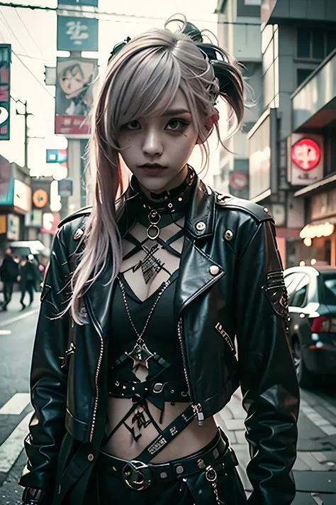 araffe girl with pink hair and a leather jacket posing for a picture, cyberpunk art by Shitao, tumblr, aestheticism, goth aesthetic, anime style mixed with fujifilm, aesthetic cyberpunk, punk style, cyberpunk streetwear, dressed in punk clothing, cruel kor...