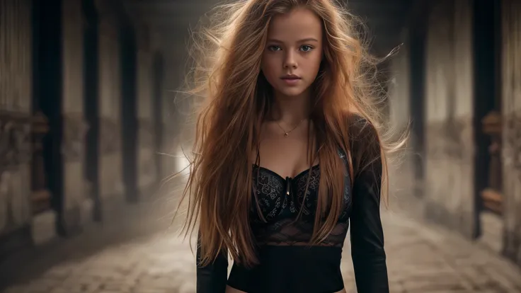 (kristina pimenova long ginger hair teen girl,13 years old with spread legs:1.6),  (sexy black bra and panties:1.8), (long, mess...