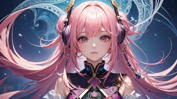 (masterpiece, Highest quality, Highest quality, Official Art, beautifully、aesthetic:1.2), (One girl), Very detailed,(Fractal Art:1.3),colorful,Most detailed pink hair、I have headphones on。