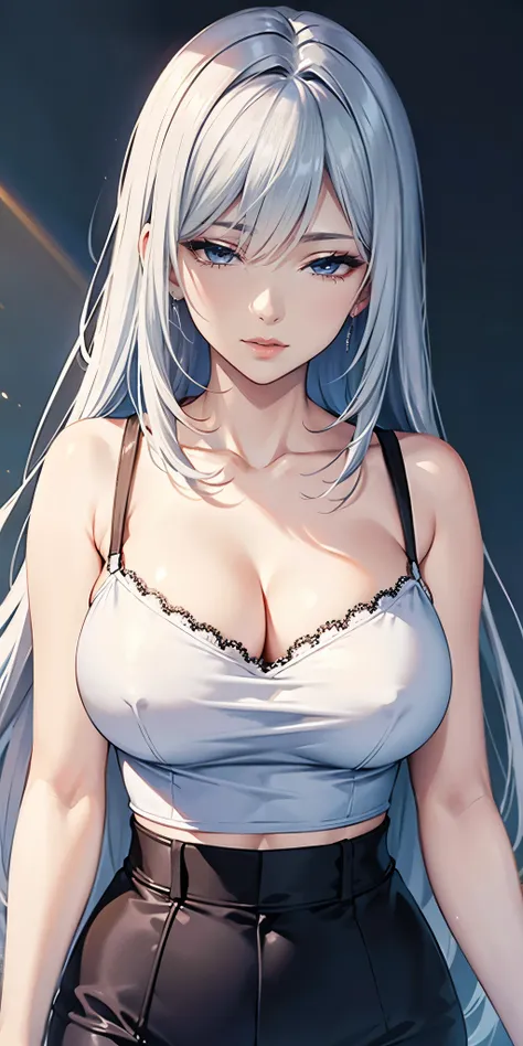 Mature beautiful female，silver hair，blue eyes，short camisole，crop shirt，long hair，breast，white，Art， anime，illustration，high details