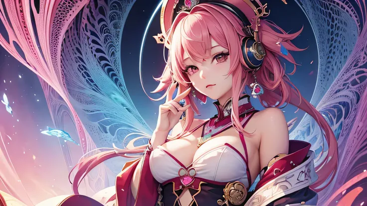 masterpiece, Highest quality, Highest quality, Official Art, beautifully、aesthetic:1.2), (One girl), Very detailed,(Fractal Art:1.3),colorful,Most detailed pink hair、I have headphones on。Yoshiwara Red Light District