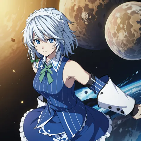 (high-quality, breathtaking),(expressive eyes, perfect face) 1female, female, solo, smiling, warm soft smile, , Venus planet, space background, portrait, upper body, magic, ,  sakuya izayoi, silver hair, maid dress, white apron, very short skirt, sexy pose...