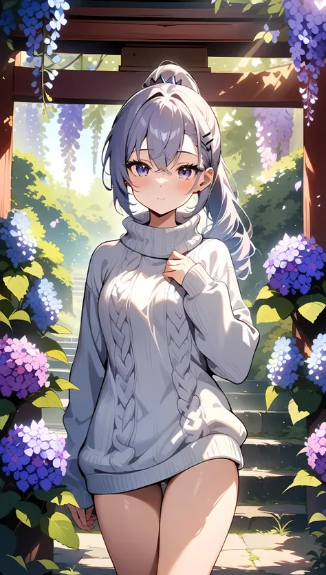 masterpiece, best quality, very aesthetic, absurdres, newest,1girl,white_sweater, virgin-killing_sweater, no_panties, cowboy_shot,,silver wolf, gray eyes, high ponytail,,front view,Wallpaper Fusion, dappled sunlight, day, flower, hydrangea, leaf, light ray...