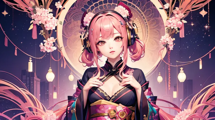 masterpiece, Highest quality, Highest quality, Official Art, beautifully、aesthetic:1.2), (One girl), Very detailed,(Fractal Art:1.3),colorful,Most detailed pink hair、I have headphones on。Yoshiwara Red Light District、No exposure、Beautiful patterned kimono