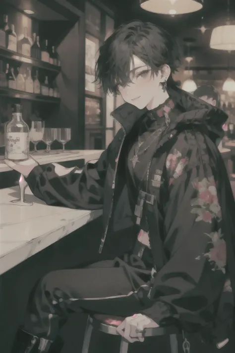 ((best quality)), ((masterpiece)), (detailed)，((Delicate face)),(well drawn illustration),（night），（solo）,(1 Boy),（boy）,Male high school student，teenager， Black short hair,Black eyes，Japanese boys short hair，((black oversized crop jacket)),rivet，Black long ...