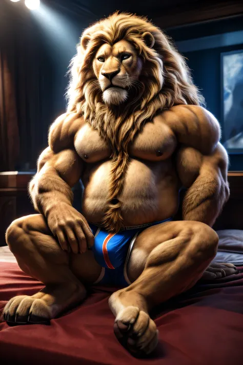 a very fat male lion with a long blonde mane, extremely detailed eyes, feral paws, long fur, very hairy, a big and extremely fat belly, very muscular arms, wearing a tight jockstrap, sitting on a comfortable seat, watching TV in a luxurious room with a dou...