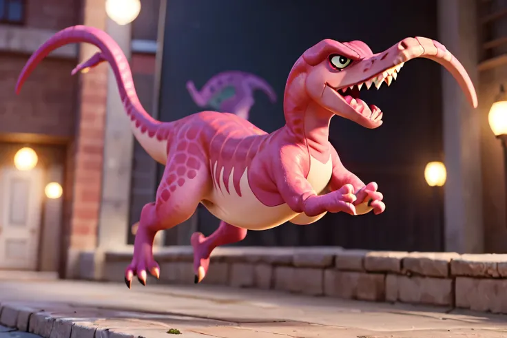 Cartoon style, (Pink Dinosaur), Pink Velociraptor, Slim body, Dynamic pose, Mischievous look, Action Scenes, Colorful background, Speed, Bursting with energy