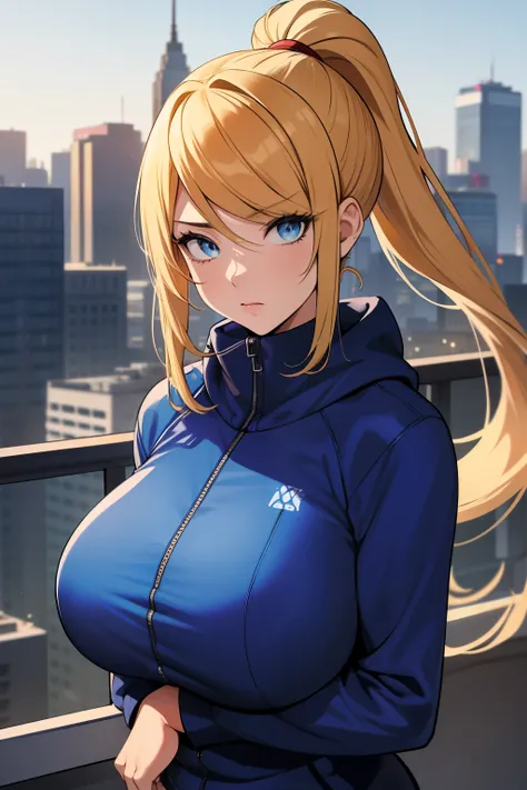 masterpiece, best quality, samus aran, ponytail, hair tie, blue hoodie, black sweatpants, upper body, large breasts, huge round full breasts, looking at viewer, city background