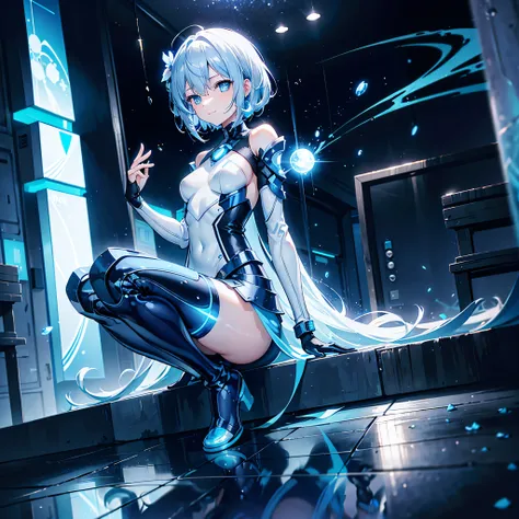 8K, Highest quality, (real:1.4), Original photo, 1 girl, Asari Hair, Biological Amplifier, Very sleek and futuristic armor, posture: Peace talks between warring factions,,attention arousal, smart blue eyes,A modest smile,Knee-high boots,Patent-look blue ti...