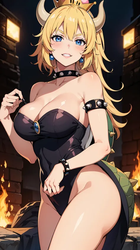 best quality, high resolution, large breasts, blonde hair, blush, Evil smile, cowboy shot, looking at viewer, bowsette, pink lip, in a volcano with lava, sexy shoulders, (((shoulders Focus)))