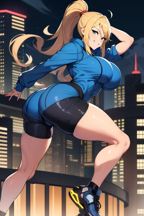 masterpiece, best quality, samus aran, ponytail, hair tie, blue hoodie, black sweatpants, full body shot, large breasts, huge round full breasts, looking at viewer, excited grin, city background, sensual pose, 