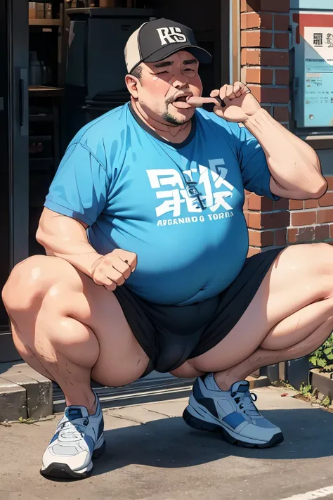 A fat middle-aged man squatting、Licking the penis of a suspicious middle-aged man、