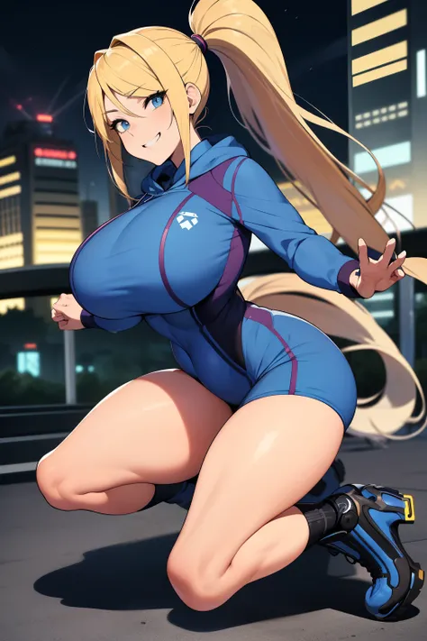 masterpiece, best quality, samus aran, ponytail, hair tie, blue hoodie, black sweatpants, full body shot, large breasts, huge round full breasts, looking at viewer, excited grin, city background, sensual pose, 