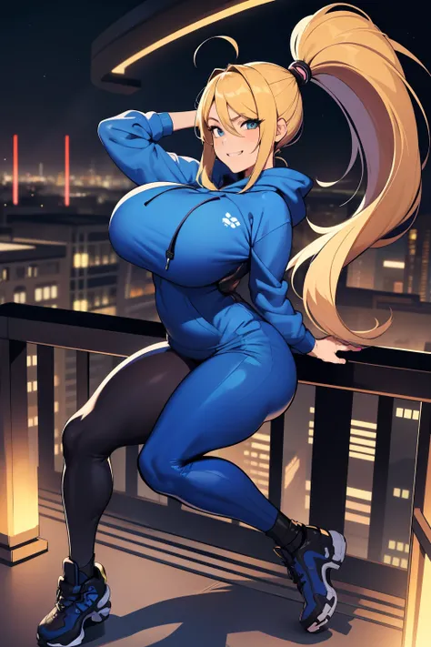 masterpiece, best quality, samus aran, ponytail, hair tie, blue hoodie, black sweatpants, full body shot, large breasts, huge round full breasts, looking at viewer, excited grin, city background, sensual pose, 