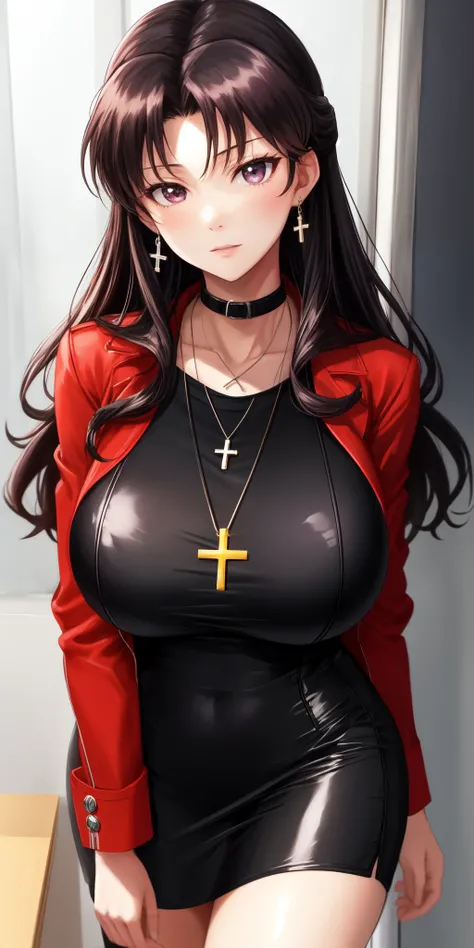 katsuragi_misato, huge_breasts, standing, solo, Misato_cross_necklace, black_pencil_dress_high_collar_red_jacket, masterpiece, best quality, detailed face, detailed eyes, highres,