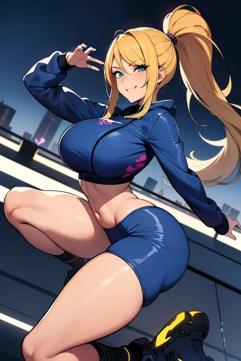 masterpiece, best quality, samus aran, ponytail, hair tie, blue hoodie, black sweatpants, full body shot, thin tight waist, heart shaped booty, heart shaped hips, large breasts, large round full breasts, looking at viewer, excited grin, city background, se...