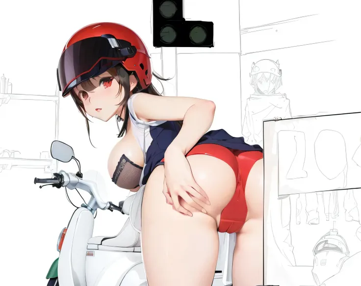 1 girl in a red helmet and no panties standing next to a scooter, ecchi anime style, seductive anime girl, loli, beautiful anime girl squatting, at pixiv, the anime girl is crouching, ecchi style, (sfw) safe for work, 2 d anime style, pixiv 3dcg, rule 34, ...