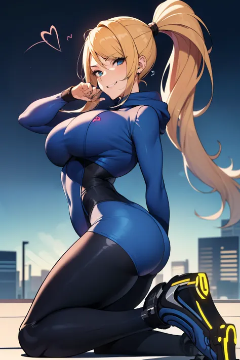 masterpiece, best quality, samus aran, ponytail, hair tie, blue hoodie, black sweatpants, full body shot, thin tight waist, heart shaped booty, heart shaped hips, large breasts, large round full breasts, looking at viewer, excited grin, city background, se...