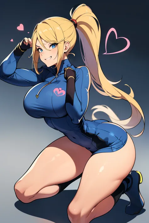 masterpiece, best quality, samus aran, ponytail, hair tie, blue hoodie, black sweatpants, full body shot, thin tight waist, heart shaped booty, heart shaped hips, large breasts, large round full breasts, looking at viewer, excited grin, city background, se...